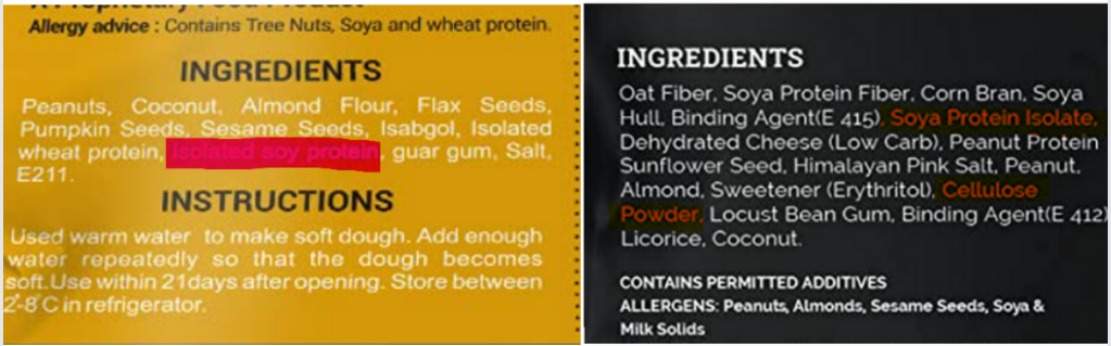 Ingredient labels of leading commercial keto/ low-carb flours in India - Use of fillers like cellulose to bulk the flour and isolates to boost protein content without adding any carb or calories to the flour